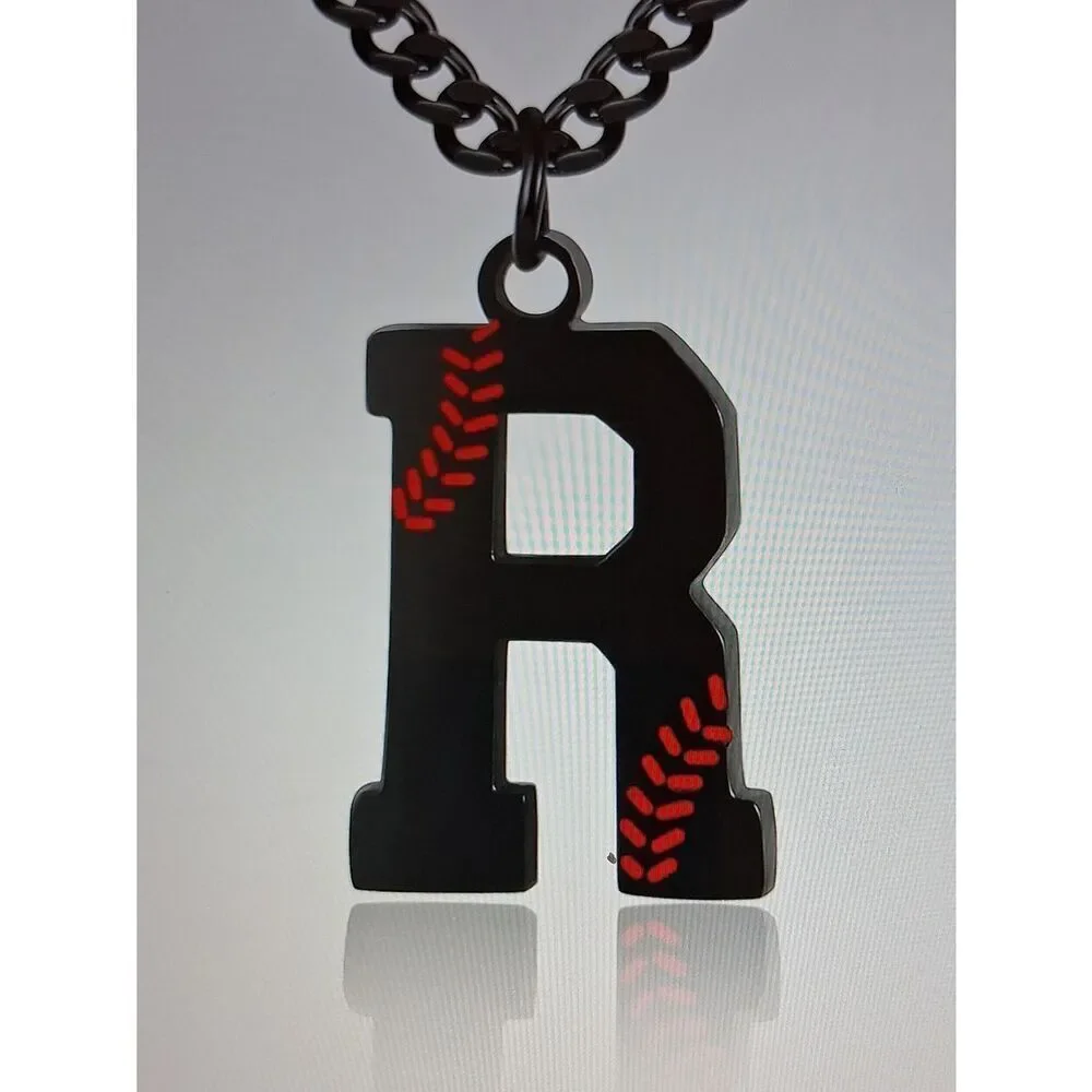 Black 'R' Pendant Necklace With Red Detail On A Black Chain New In Box